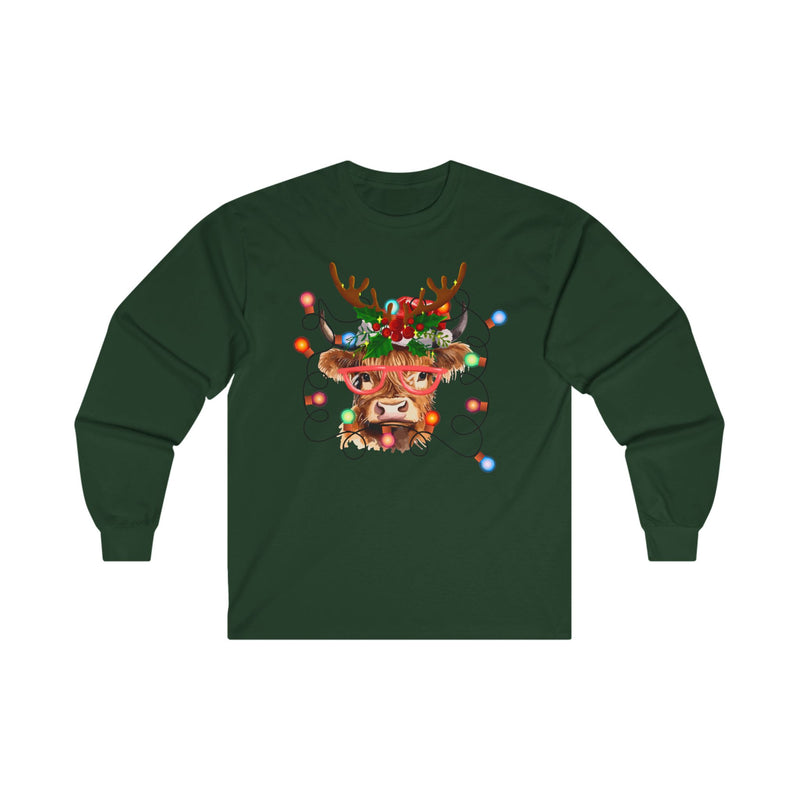 Christmas Lights Highland Cow Long Sleeve Tee