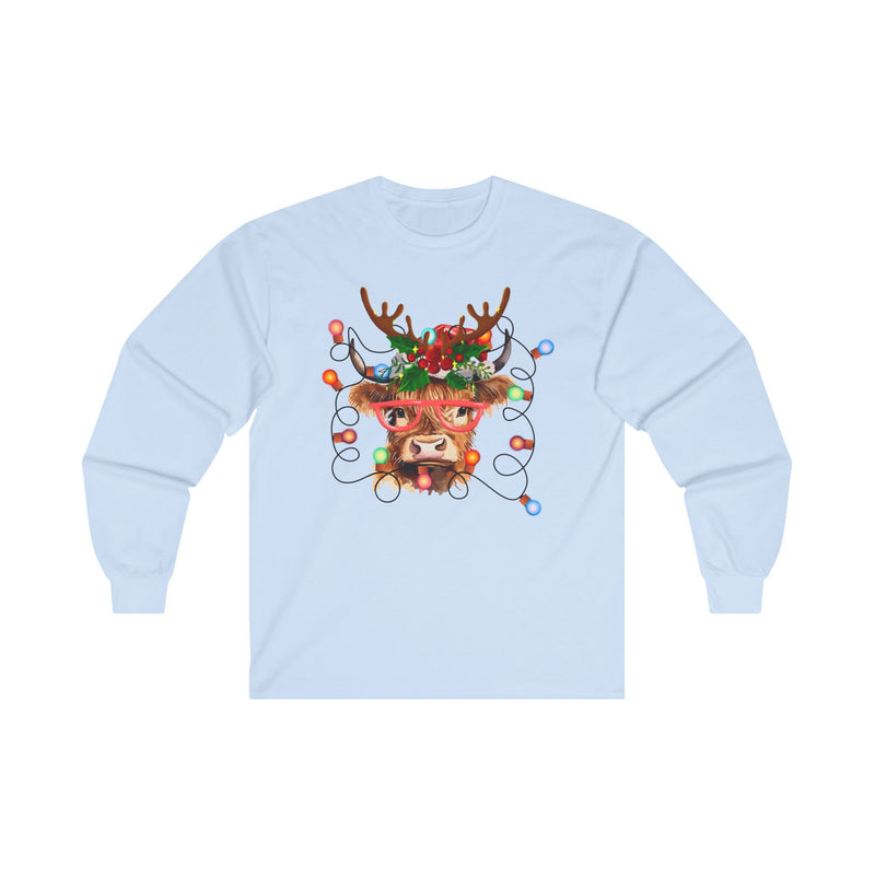 Christmas Lights Highland Cow Long Sleeve Tee