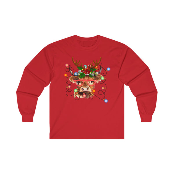 Christmas Lights Highland Cow Long Sleeve Tee