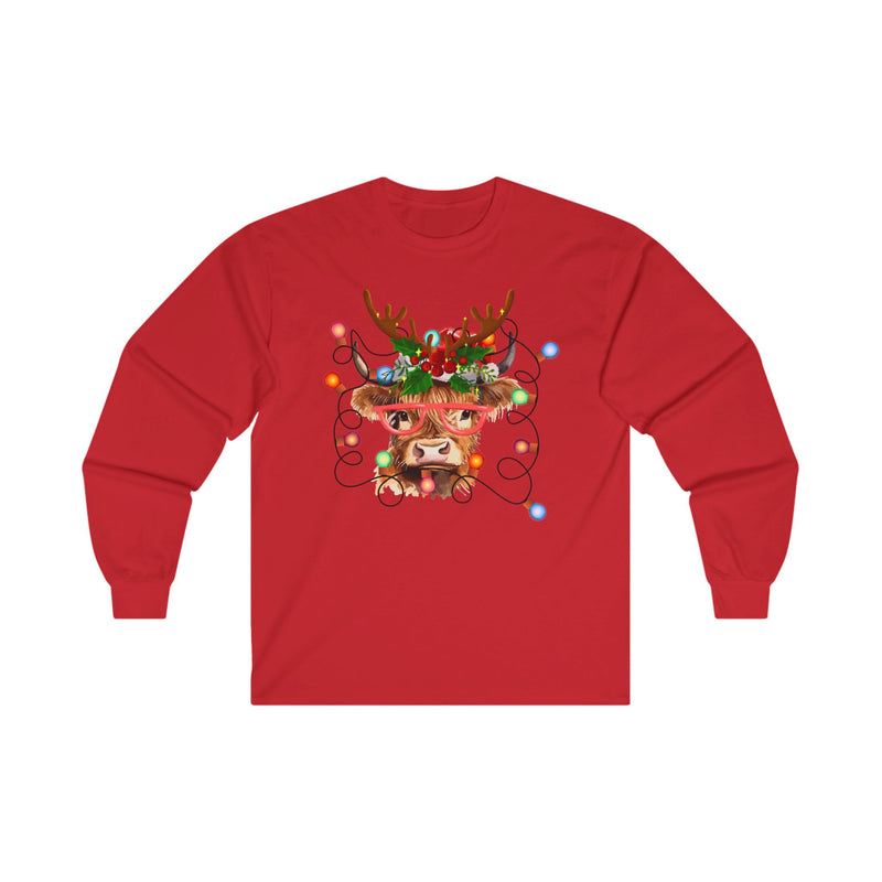 Christmas Lights Highland Cow Long Sleeve Tee