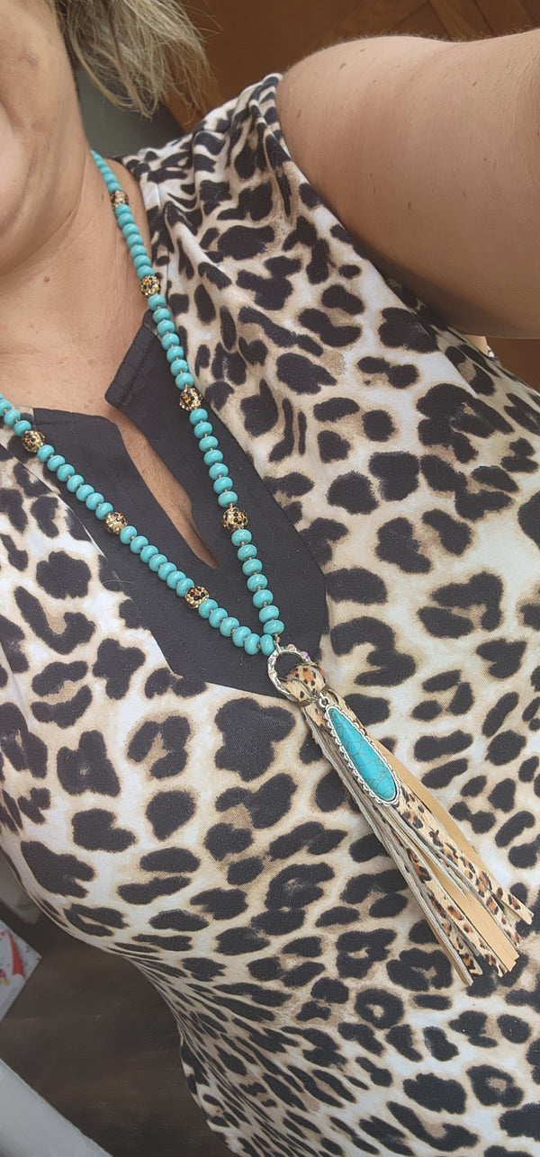 Turquoise & Cheetah Tassel Necklace