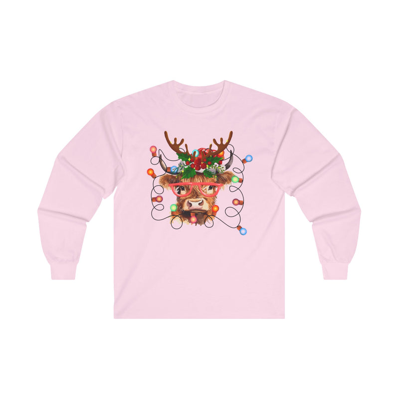 Christmas Lights Highland Cow Long Sleeve Tee