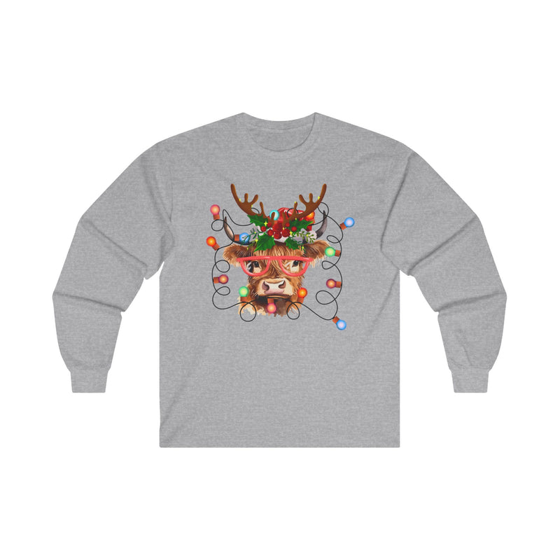 Christmas Lights Highland Cow Long Sleeve Tee