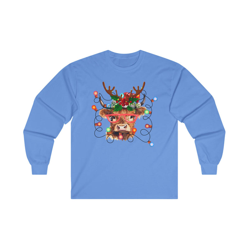 Christmas Lights Highland Cow Long Sleeve Tee